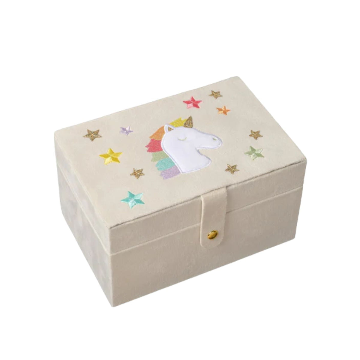 Beige jewelry box with unicorn and star designs on a white background