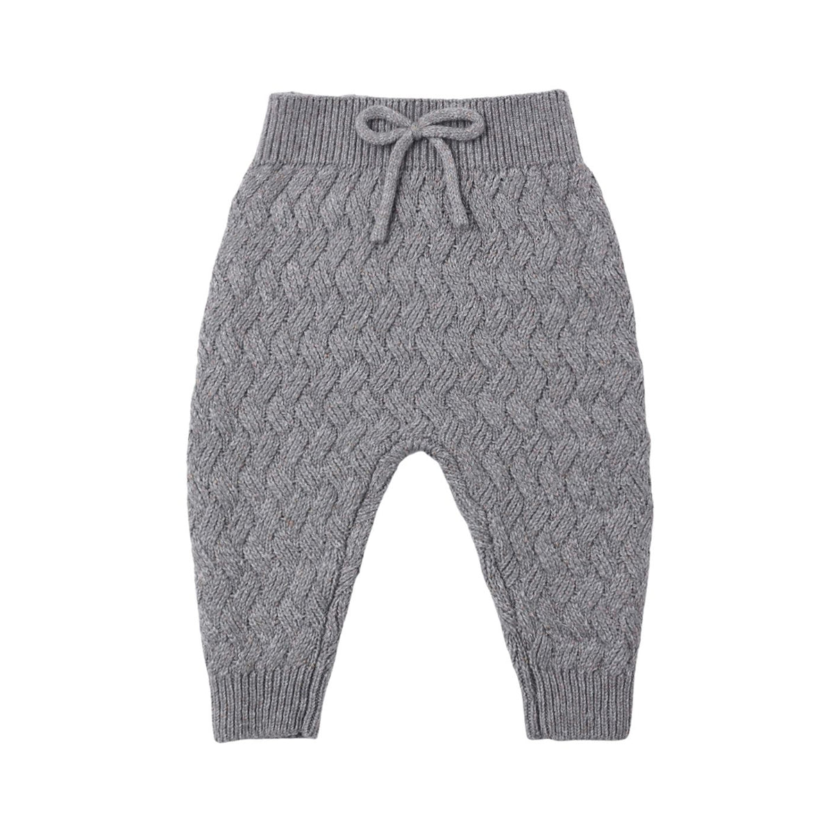 Gray cable-knit baby pants with an elastic waistband and matching drawstring bow, shown flat on a white background.