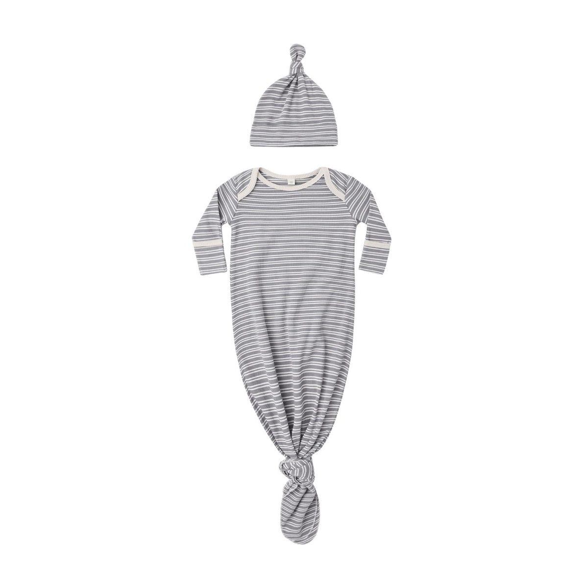 Baby sleep suit and matching knotted beanie hat in a gray and white striped fabric, displayed flat against a solid white background.