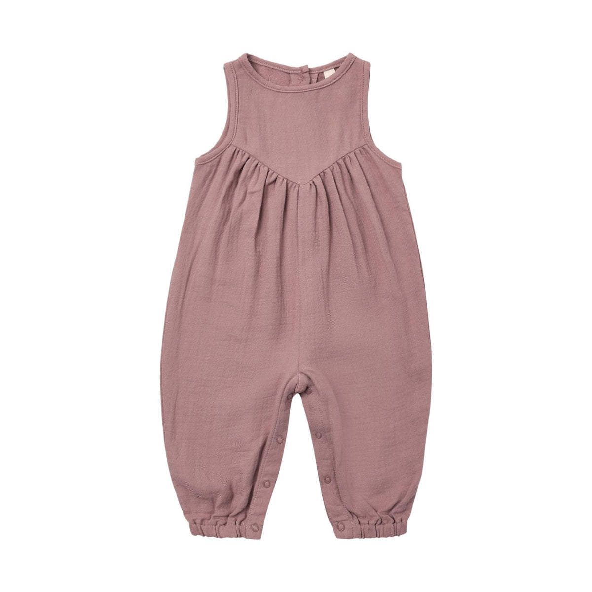 A dusty rose sleeveless baby jumpsuit with a gathered chest design and elasticated leg cuffs, shown flat on a white background.