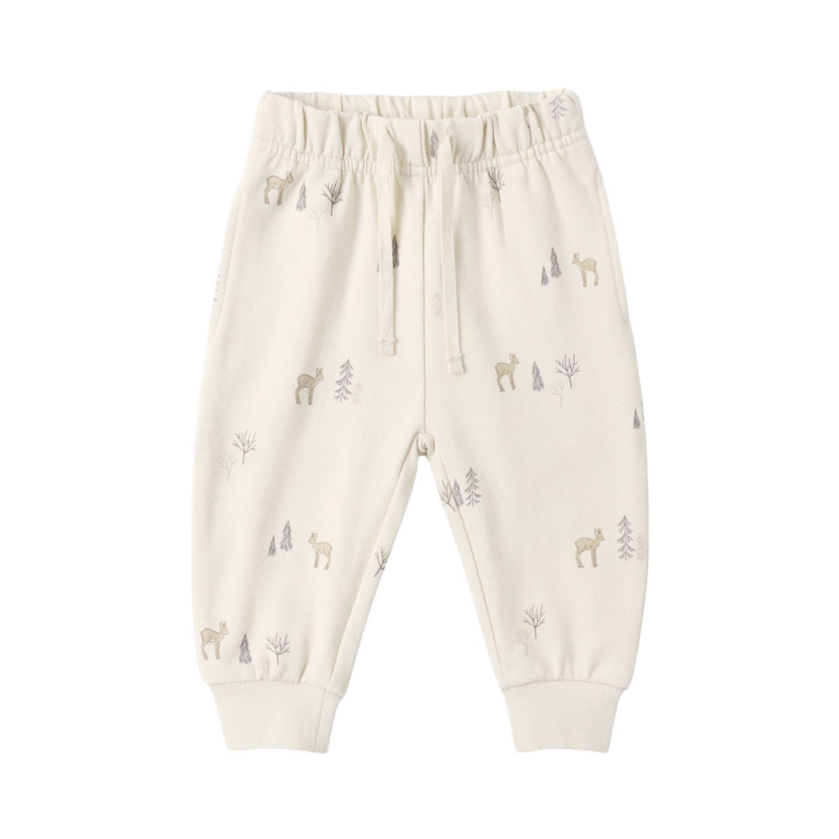 Off-white baby jogger pants with a small deer and tree print, featuring an elastic waistband and drawstring.