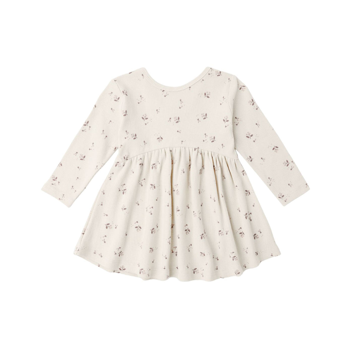 A long-sleeve baby dress in cream with a delicate all-over floral print, featuring a gathered waist and flared skirt, shown against a plain white background.