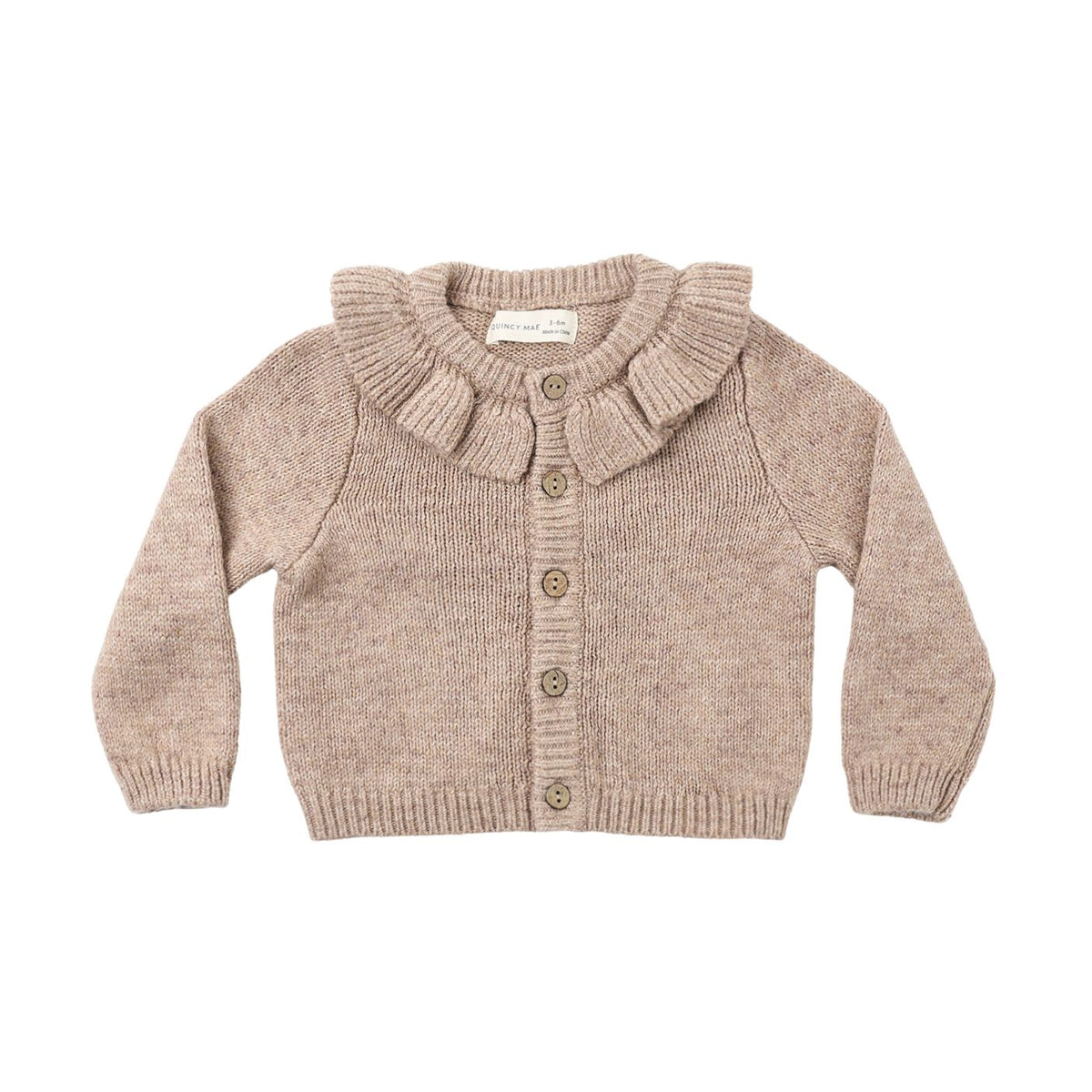 A light brown knit baby cardigan sweater with a ruffled Peter Pan collar and front buttons, laid flat on a white background.