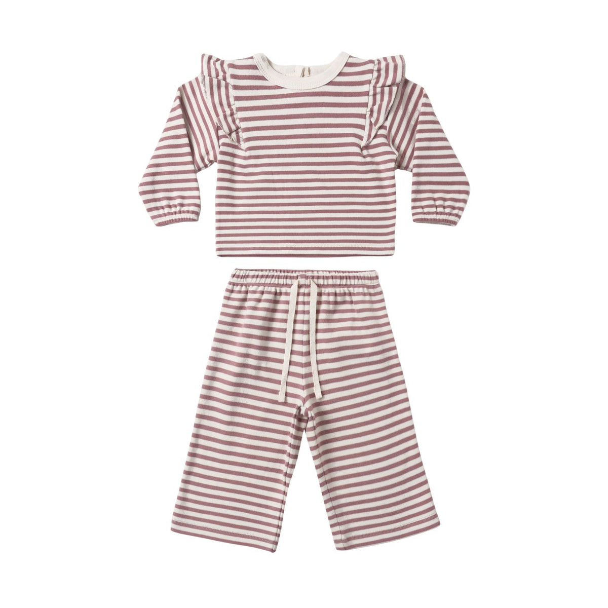 A two-piece baby outfit set featuring a long-sleeve top with ruffle shoulder details and matching wide-leg pants, both in a dusty rose and white horizontal stripe pattern.