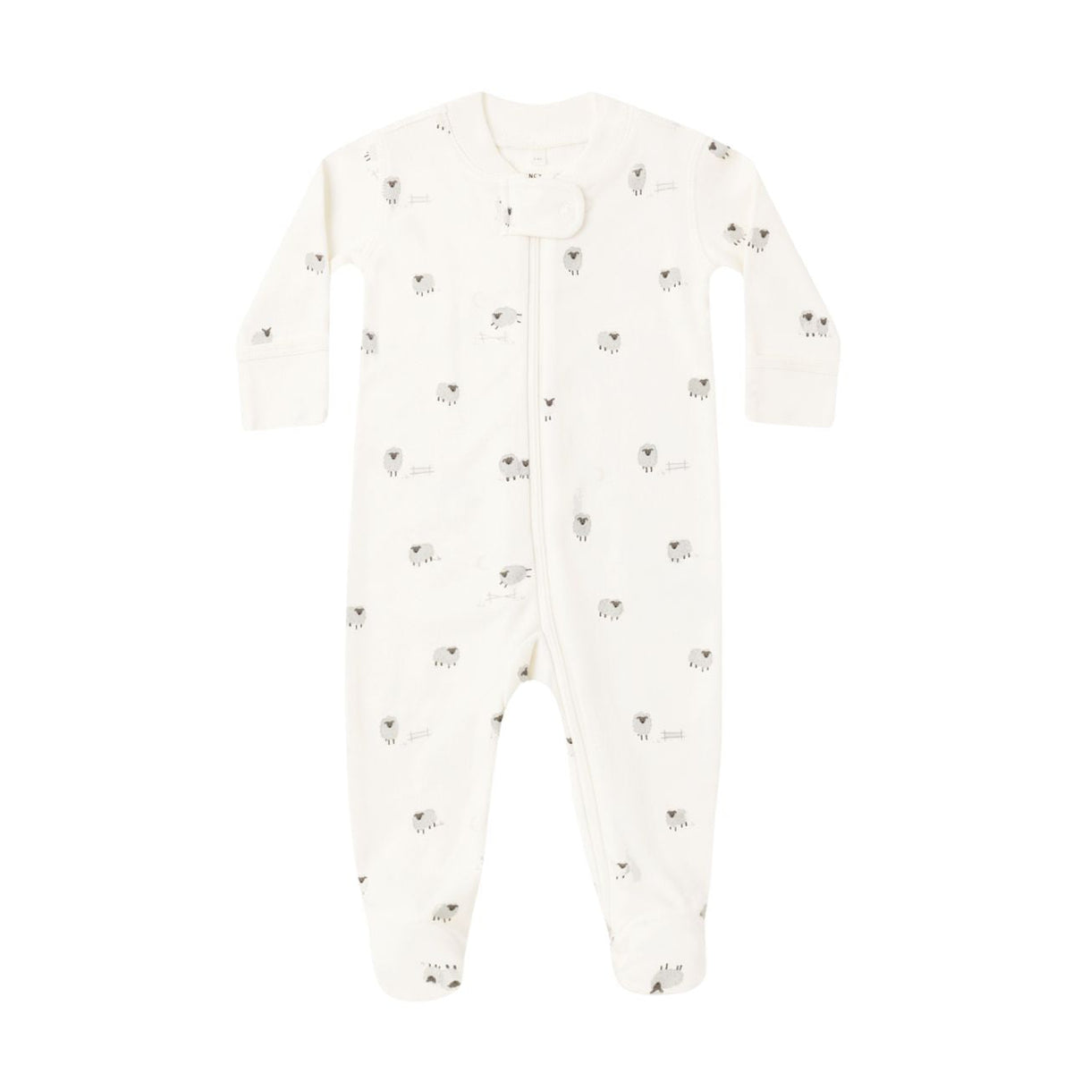 An off-white long-sleeve baby footed sleeper with an all-over small black cat print, shown flat against a white background.