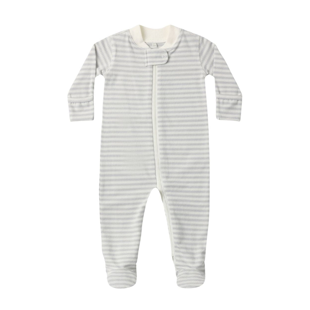 A baby long-sleeve footed sleeper with thin horizontal gray and white stripes, featuring a snap-button closure at the collar, shown on a plain white background.