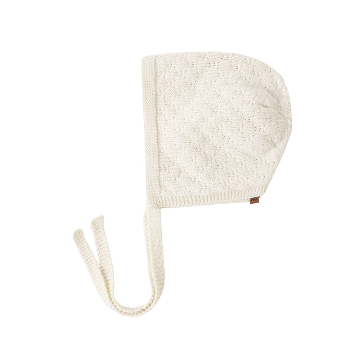 An off-white knit bonnet with a textured diamond pattern and a matching braided chin strap, shown on a plain white background.