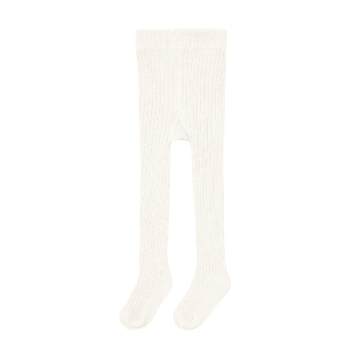 A pair of off-white ribbed tights with a leg opening, shown flat against a solid white background.