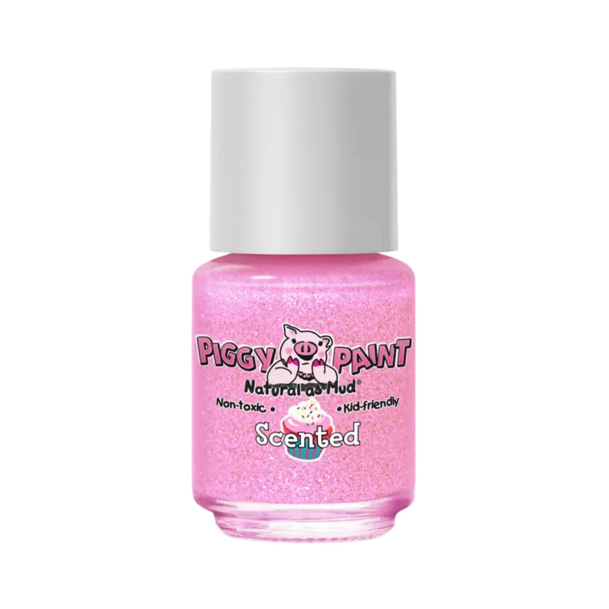 A bottle of Piggy Paint Natural Mud Scented nail polish in a bright pink glitter shade, featuring a white cap and a cartoon pig logo on the front label.