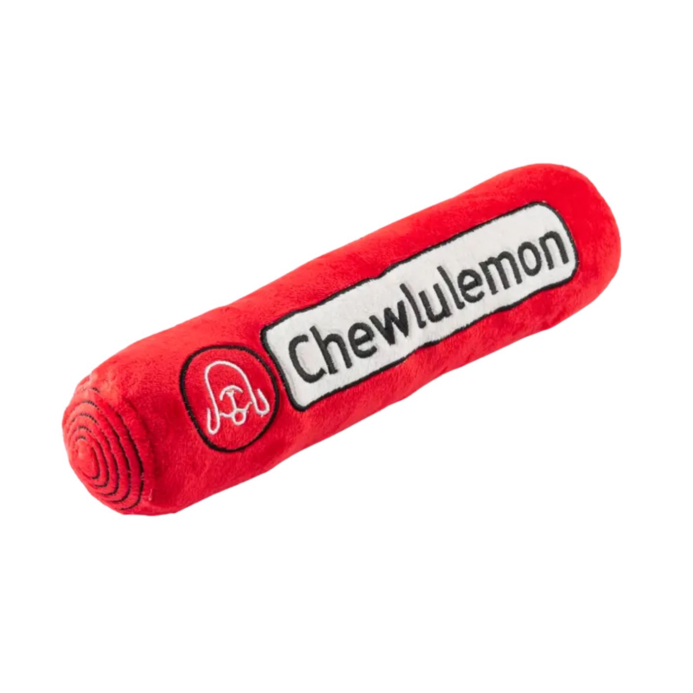 A red plush cylindrical dog toy with 'Chewlulemon' embroidered in black on a white label and a circular red logo, shown on a plain white background.