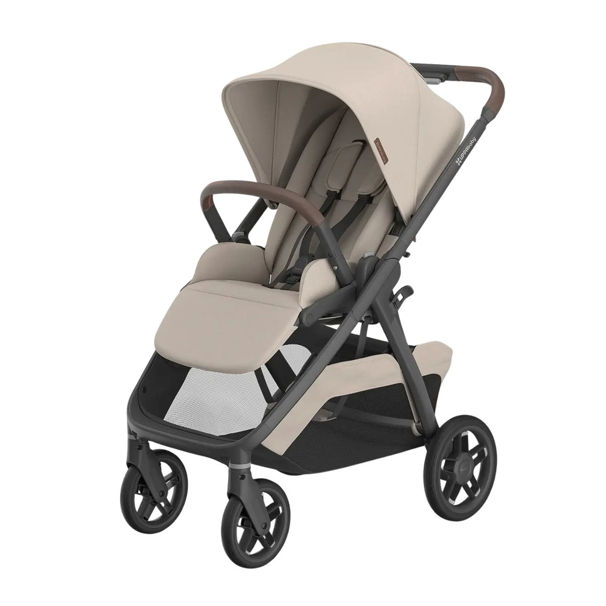 A modern stroller in a light beige fabric with a dark gray frame and black wheels, shown from a three-quarters angle on a solid white background.