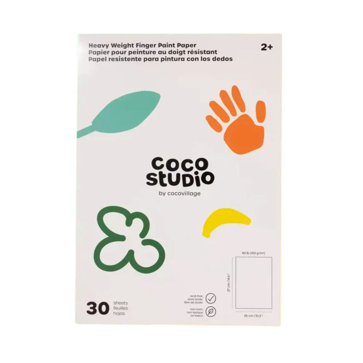 A package of Coco Studio Heavy Weight Finger Paint Paper, 30 sheets, featuring a white box with colorful illustrations of a teal leaf, orange handprint, green outline flower, and yellow crescent on a plain white background.