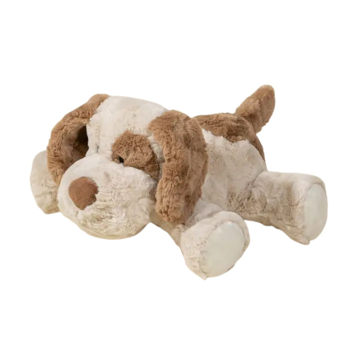 A plush stuffed dog toy lying down, featuring a cream-colored body with brown patches on its ears, eyes, nose, and paws, set against a plain white background.