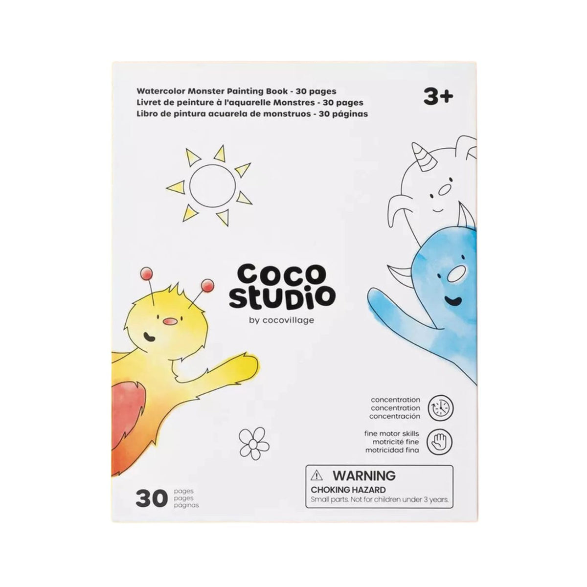 Front cover of the 'Coco Studio' watercolor monster painting book by coccivillage, featuring colorful cartoon monster illustrations on a white background with a choking hazard warning at the bottom.