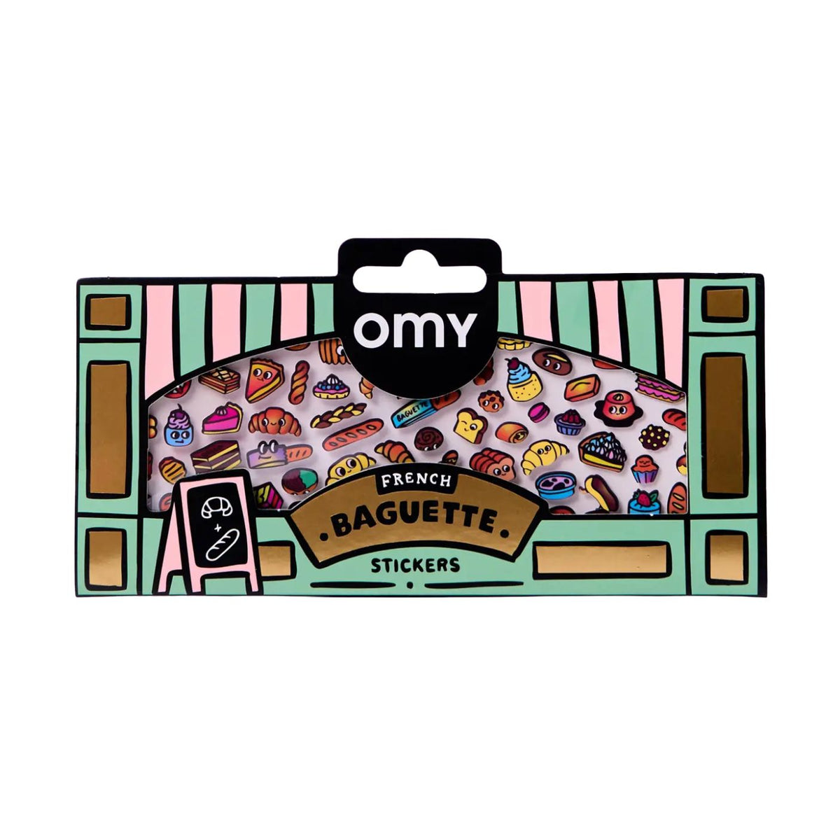 Omy French Baguette Stickers in a decorative cardboard packaging with a black hanging tab, featuring colorful baguette illustrations and a pink and green striped border.