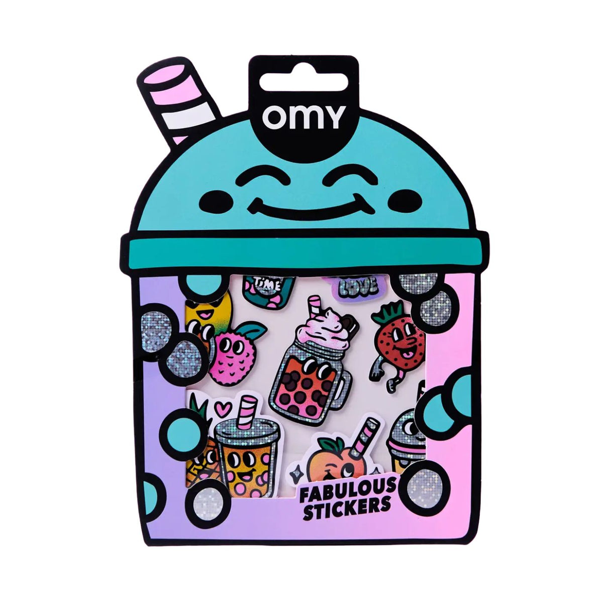 A package of OMY 'Fabulous Stickers' featuring a cute, cartoonish drink cup design with a smiling face, a pink and teal lid, and several colorful illustrated stickers visible inside.
