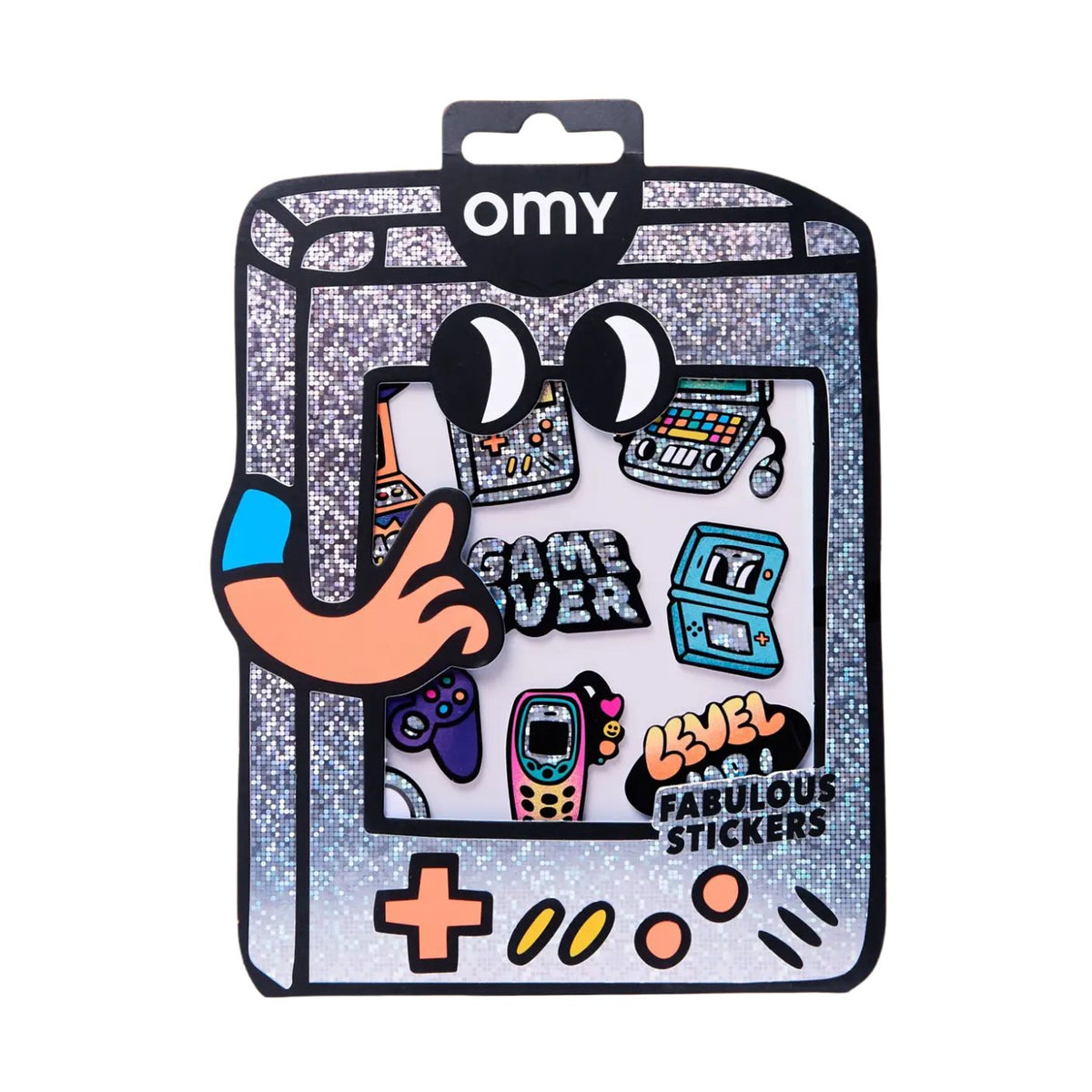 Omy Game Over themed sticker pack in a retro handheld game console package design, featuring colorful retro video game stickers on a silver glitter background.