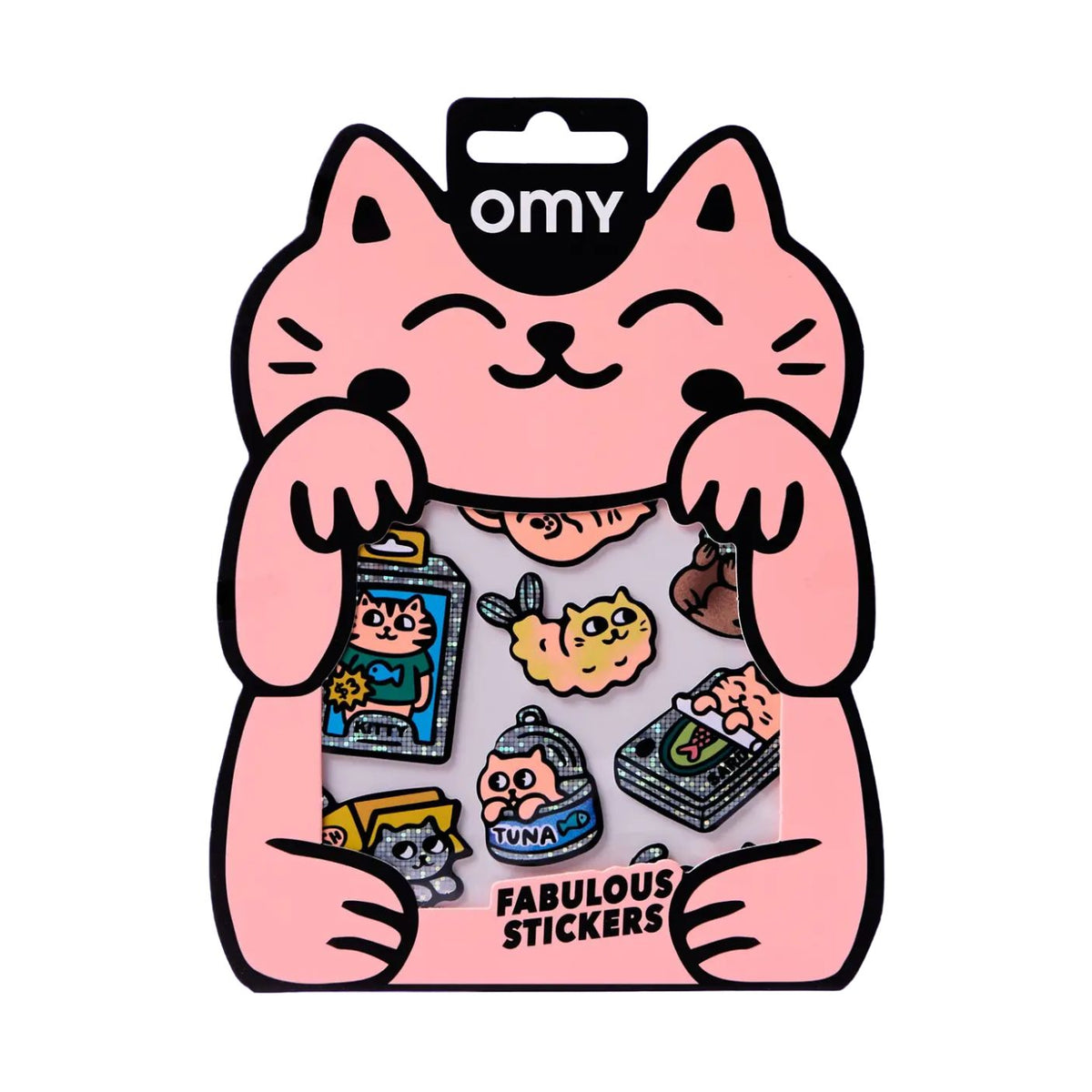 Omy brand 'Fabulous Stickers' package containing a collection of cute cartoon stickers displayed on a pink cat-shaped backing card.