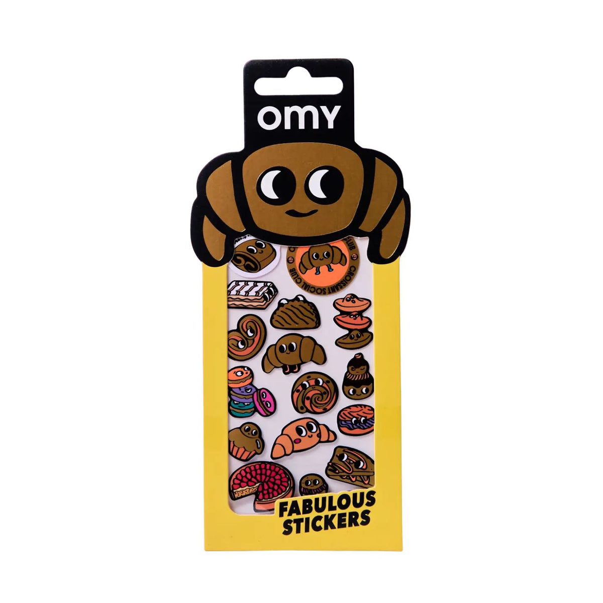 Omy brand sticker pack featuring a yellow card with various cute, cartoonish dog-shaped stickers visible through a clear window, topped with a black hanging tab shaped like a dog's head.