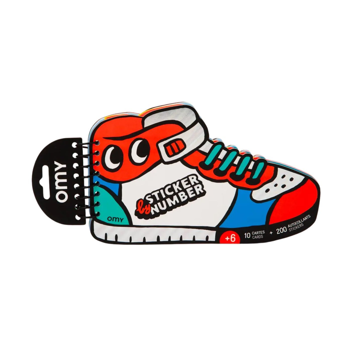 A colorful shoe-shaped sticker pack labeled 'Sticker Number' by Omy, featuring a cartoon sneaker design in red, white, blue, and teal on a plain white background.