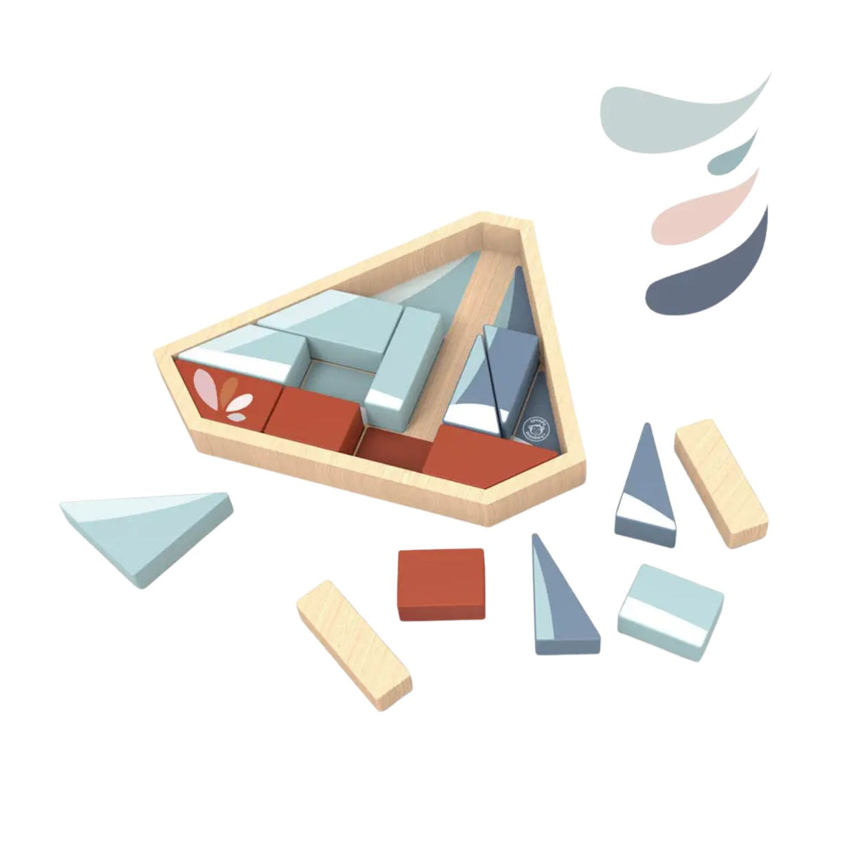 A wooden geometric block puzzle set arranged on a white background, including a triangular wooden frame with assembled blocks and several loose matching pieces in pastel blue, gray, red, beige, and pink tones.