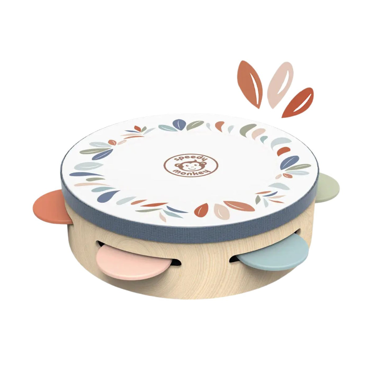 A wooden baby tambourine toy with a white drum head decorated with a colorful leaf pattern, a blue fabric rim, and colorful plastic shakers on the sides, shown on a solid white background.