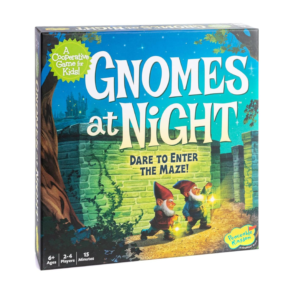 The board game box for 'Gnomes at Night' is shown against a plain white background. The packaging features colorful artwork of two gnomes in a forest maze at night, with the game title in large white letters.