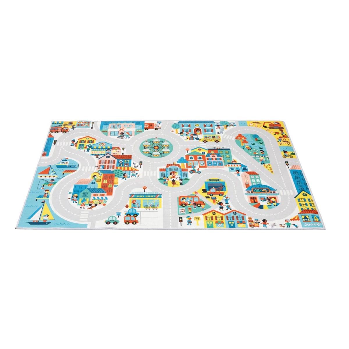 A colorful children's play mat featuring a whimsical city street map with roads, houses, cars, and small illustrated figures, shown on a plain white background.