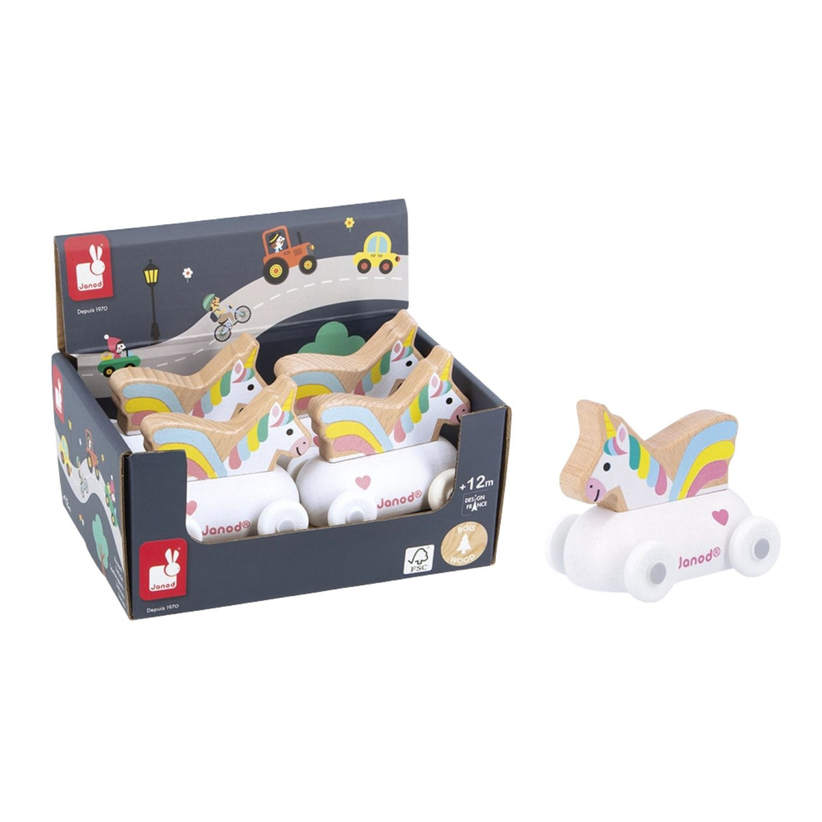Unicorn-shaped toys in a Jengdeon branded box on a white background