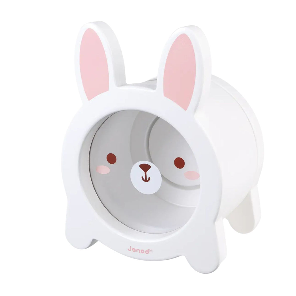 A white bunny-shaped hair dryer cover with pink inner ears, a cute bunny face on the front, and the brand name 'Janod' printed near the bottom.