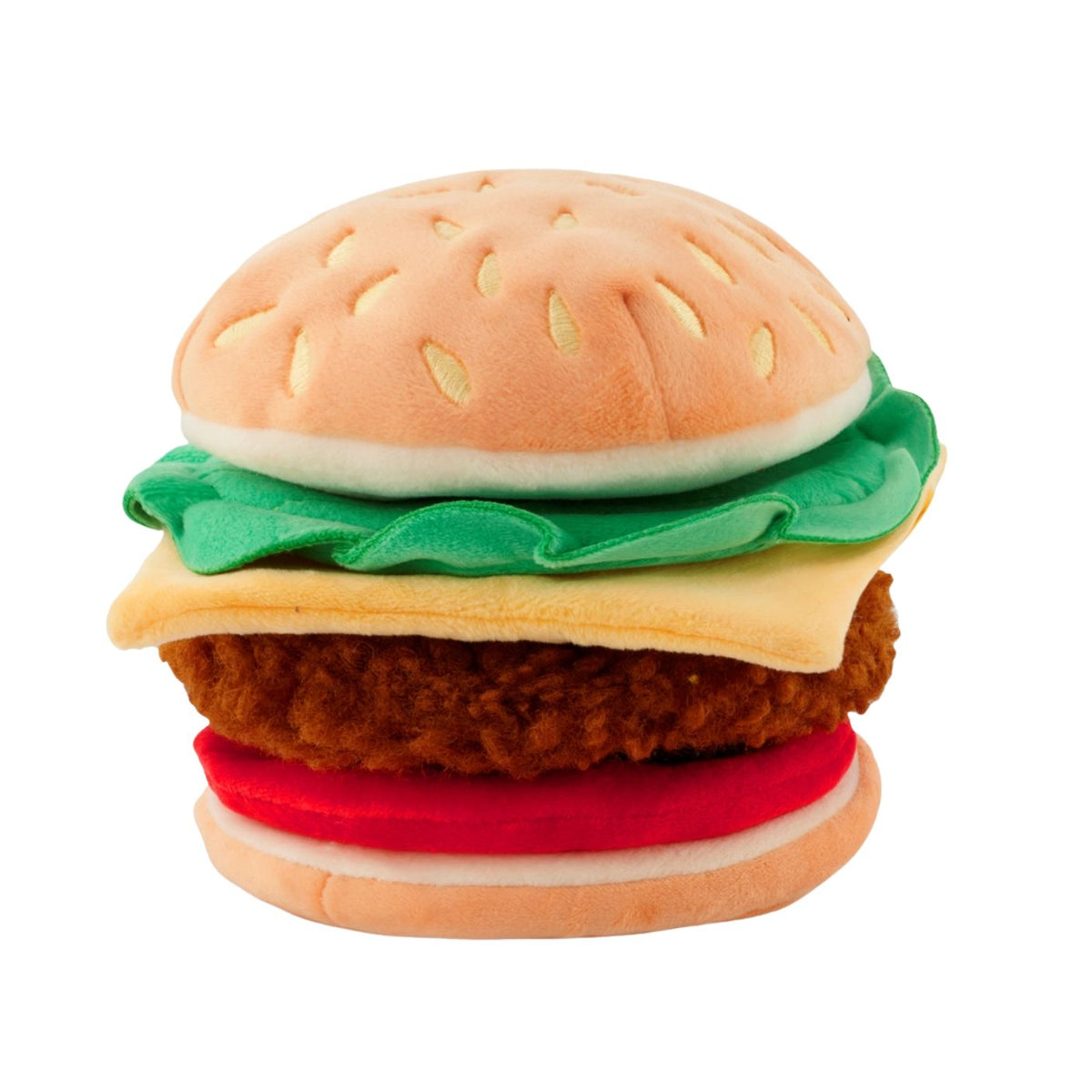 A plush toy hamburger with a peach-colored bun, green lettuce, yellow cheese, brown chicken patty, and red tomato slices on a plain white background.