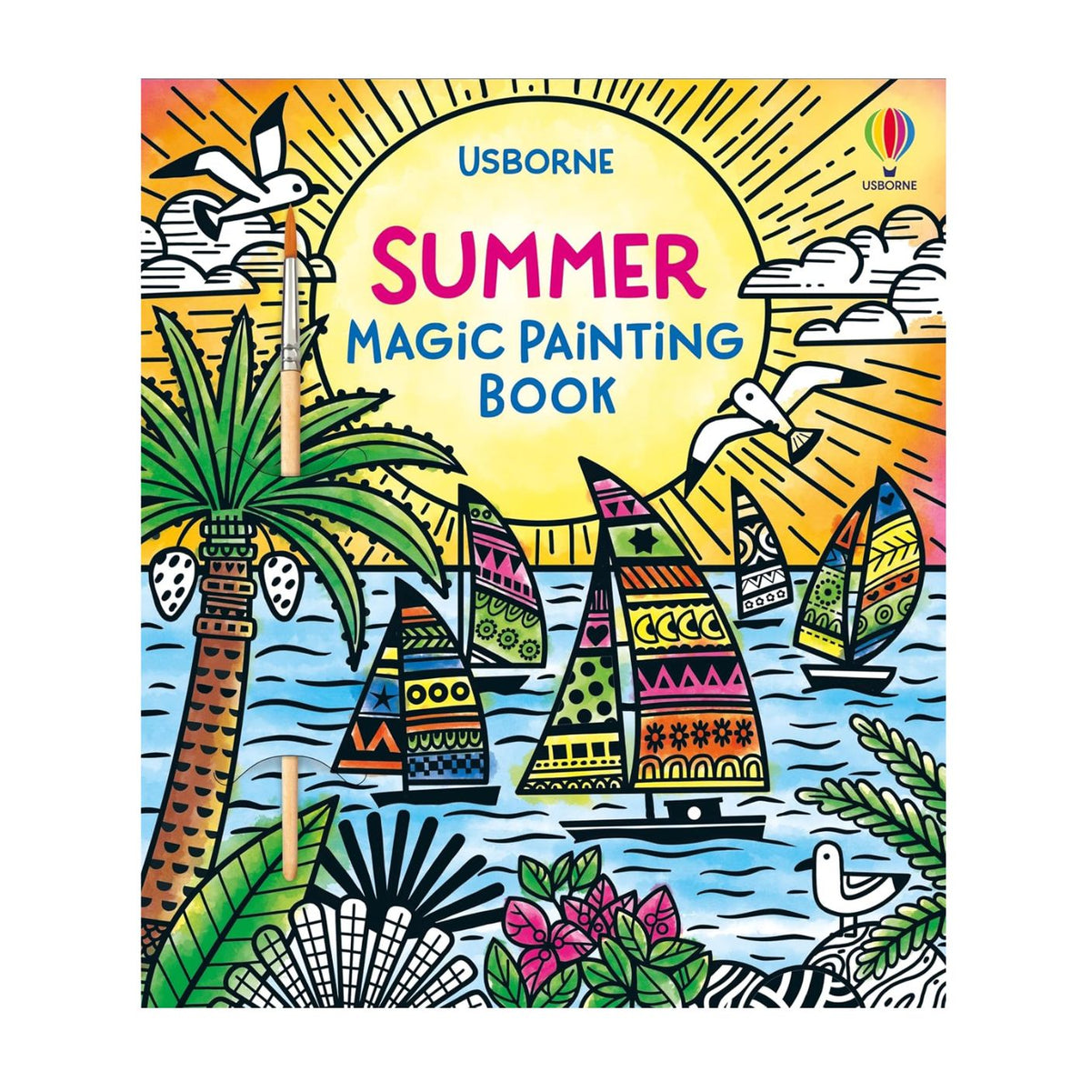 Front cover of the Usborne Summer Magic Painting Book, featuring a colorful illustrated tropical seascape with palm trees, sailboats, birds, and a large yellow sun with the title text.