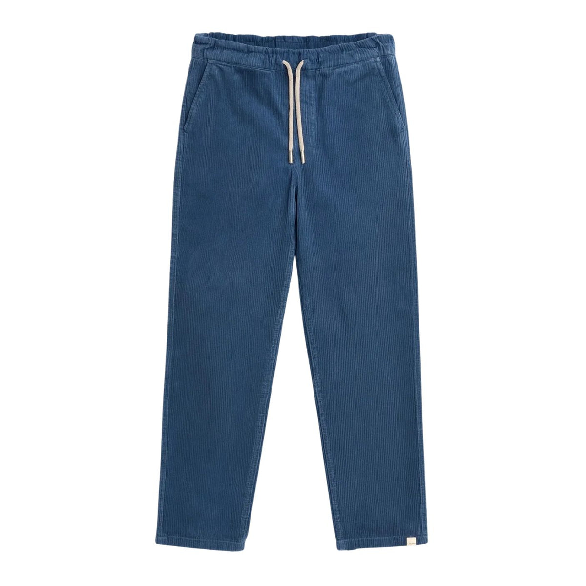 A pair of blue corduroy joggers with an elastic drawstring waist and a textured finish.