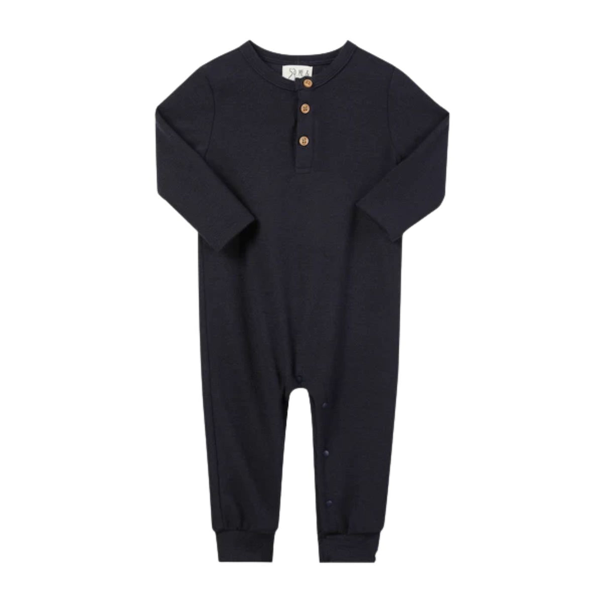 A long-sleeve baby jumpsuit in dark navy blue, featuring a three-button henley neckline and buttoned crotch, displayed flat against a white background.
