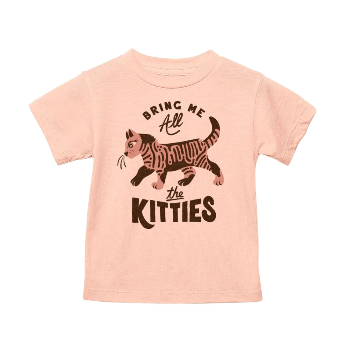 A light peach-pink short-sleeve baby t-shirt with a graphic of a striped cat and the text 'BRING ME All the KITTIES' printed on the front, shown against a plain white background.