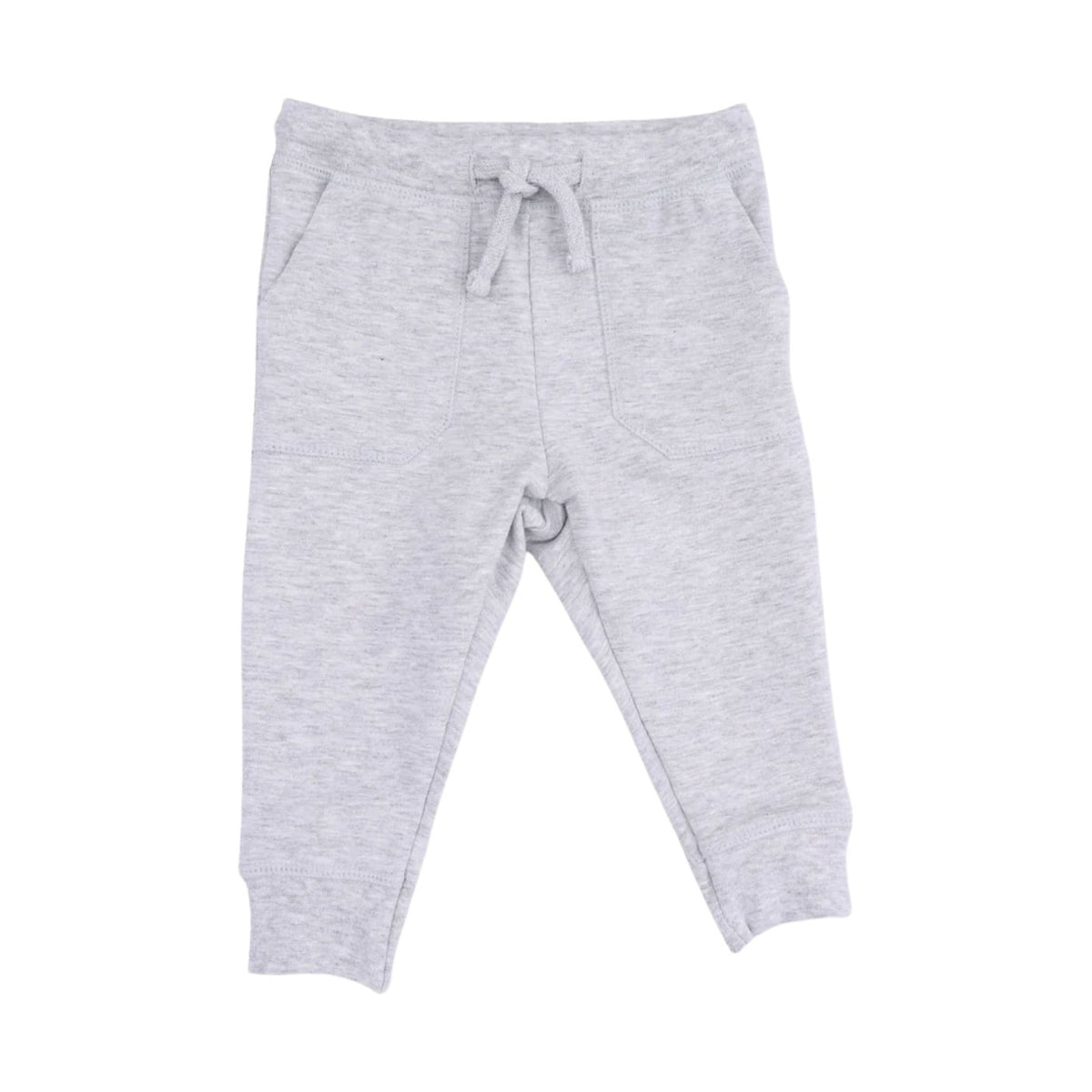 Light gray heathered sweatpants for toddlers, featuring an elastic waistband with a matching drawstring, side pockets, and ribbed ankle cuffs, shown flat on a white background.