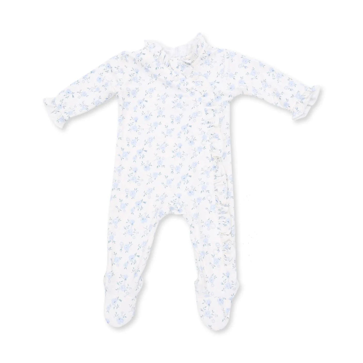 A baby long-sleeve footed sleeper in white with a light blue floral pattern, featuring ruffled trim at the collar, cuffs, and ankles.
