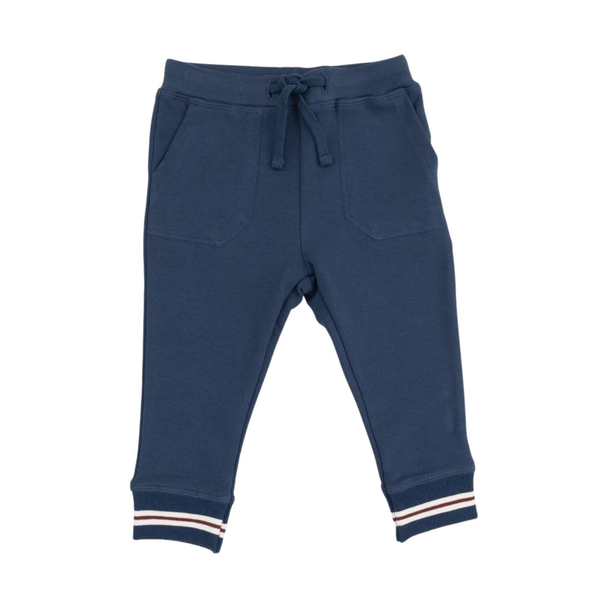 A pair of navy blue baby jogger pants with a drawstring waist, side pockets, and striped ribbed cuffs in navy, white, and pink.