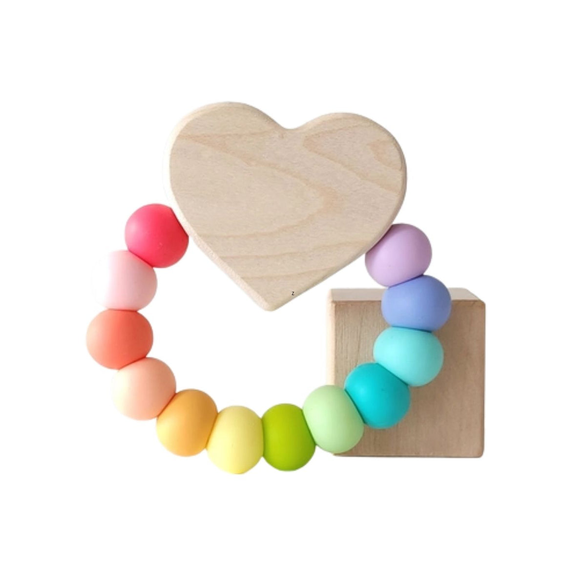 A pastel rainbow silicone bead teether with a natural wood heart-shaped block and a small wooden stand, shown on a plain white background.