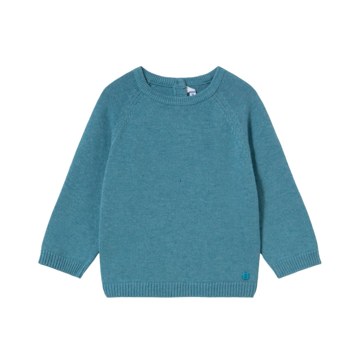 A teal blue knit sweater with long raglan sleeves, ribbed collar, cuffs, and hem, displayed flat against a solid white background.