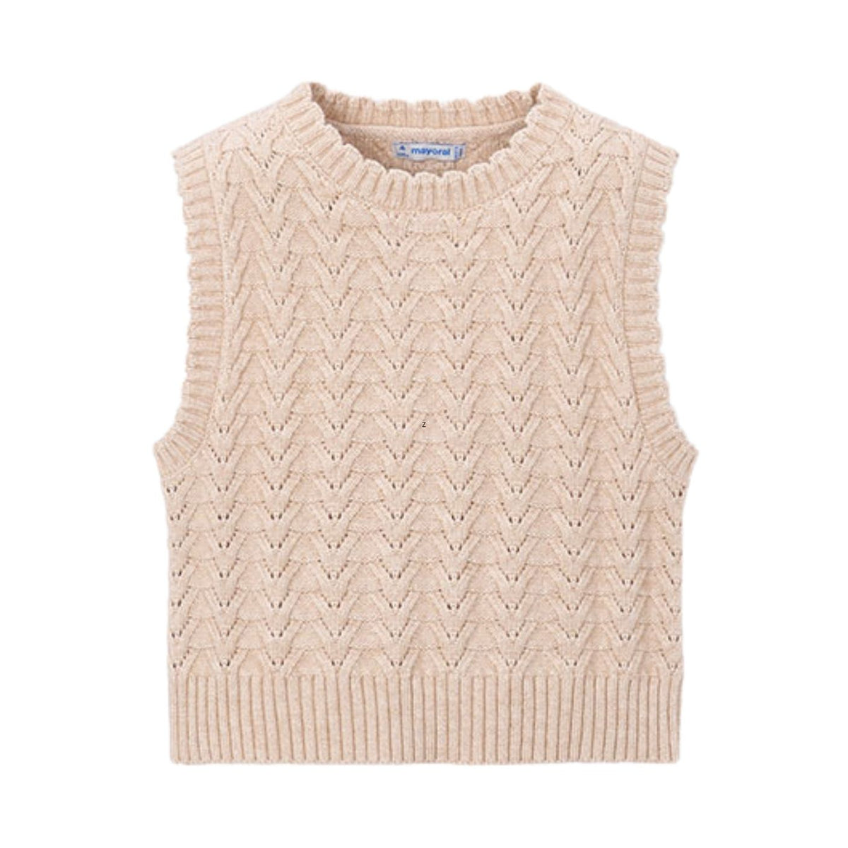 A sleeveless knit sweater vest in a light beige color, featuring a textured chevron pattern and ribbed collar, hem, and cuffs, shown against a plain white background.