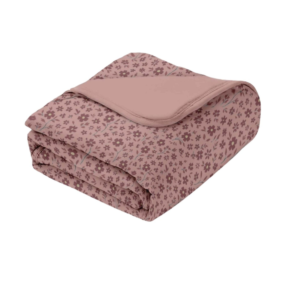 A folded baby blanket featuring a dusty rose floral pattern on one side and a solid dusty rose reverse side, shown on a plain white background.