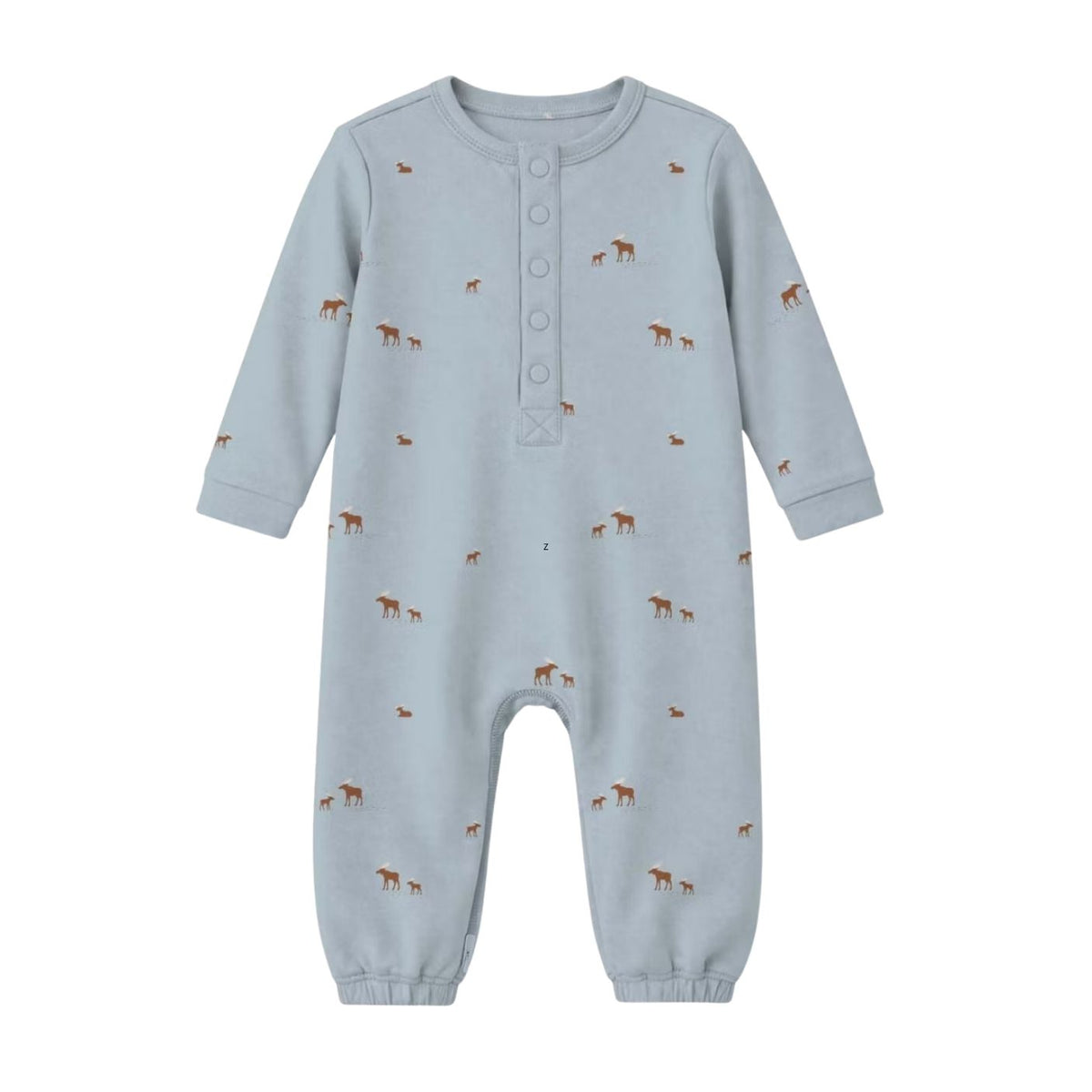 A baby long-sleeve footless romper in light blue with a small brown animal print, featuring a three-button henley neckline, shown on a plain white background.