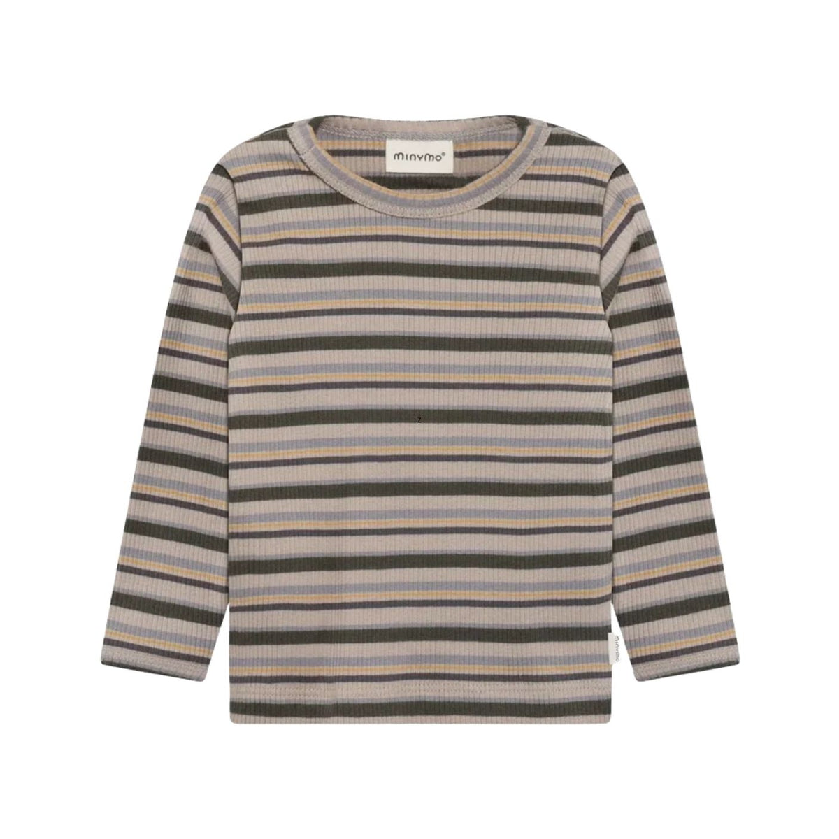 A long-sleeve ribbed knit top with horizontal stripes in olive green, beige, and light blue, featuring a crew neck and a visible 'minivoli' brand label inside the collar.
