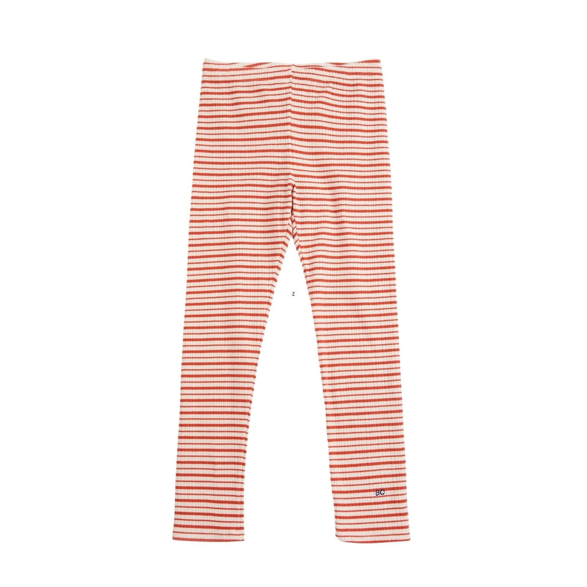A pair of children's leggings with thin horizontal red and white stripes, laid flat against a solid white background.