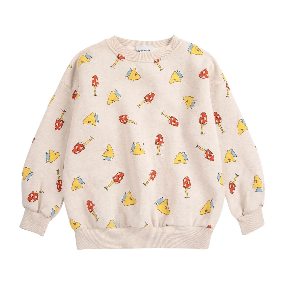 A cream-colored crewneck sweatshirt with an all-over print of colorful mushrooms and cheese wedges, shown flat against a white background.