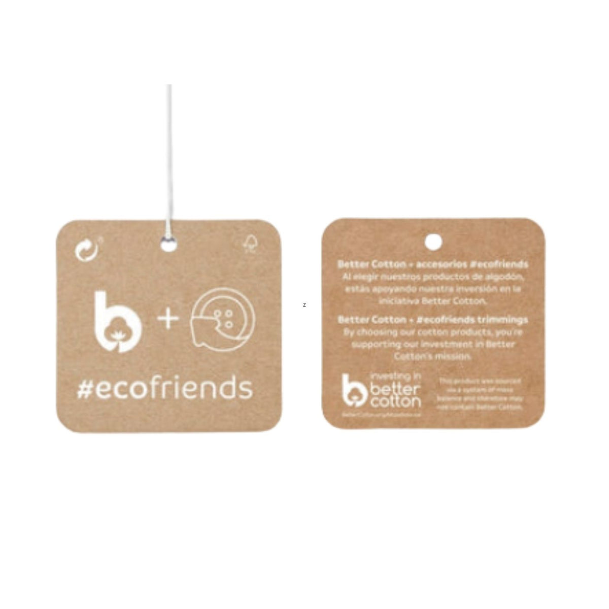 Two brown kraft paper hang tags with white printed logos and text, shown on a plain white background. One tag has a hanging loop and the other is a flat back-side view with bilingual text.