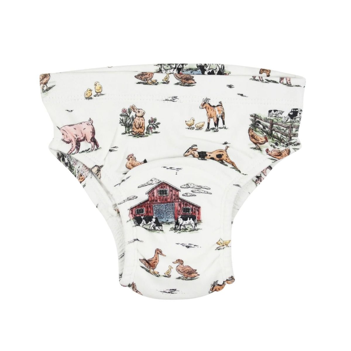 White reusable baby training pants with a colorful farm animal and barn pattern, shown flat on a white background.