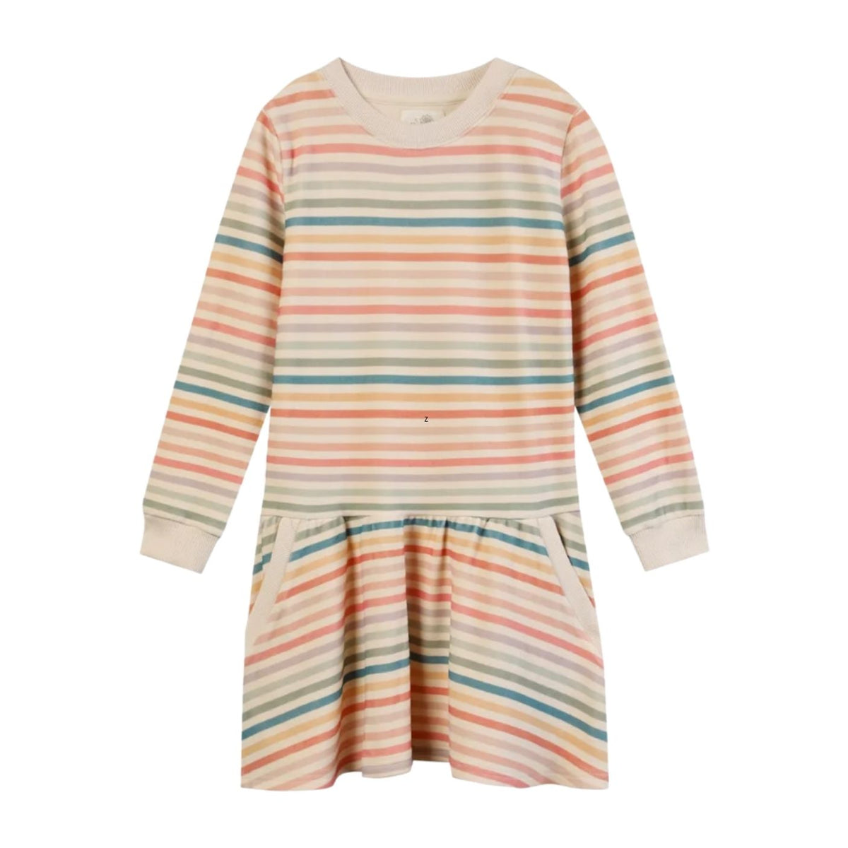 A long-sleeve children's dress with a colorful horizontal stripe pattern in shades of blue, orange, pink, and green on a cream base, featuring a gathered waist and side pockets, shown against a plain white background.