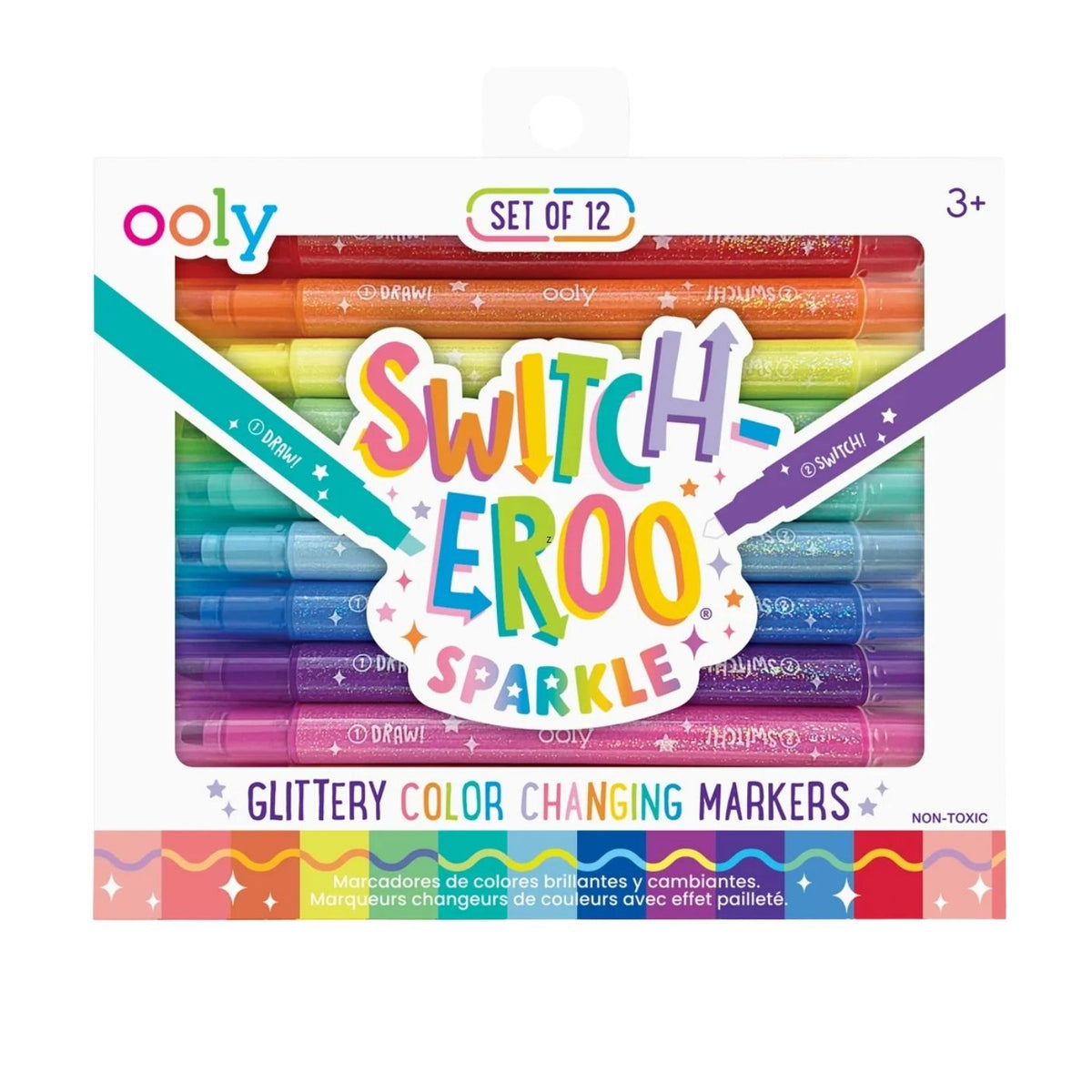Ooly Switcheroo Sparkle Glittery Color Changing Markers set of 12 in a white retail box with a clear window showing the markers inside.